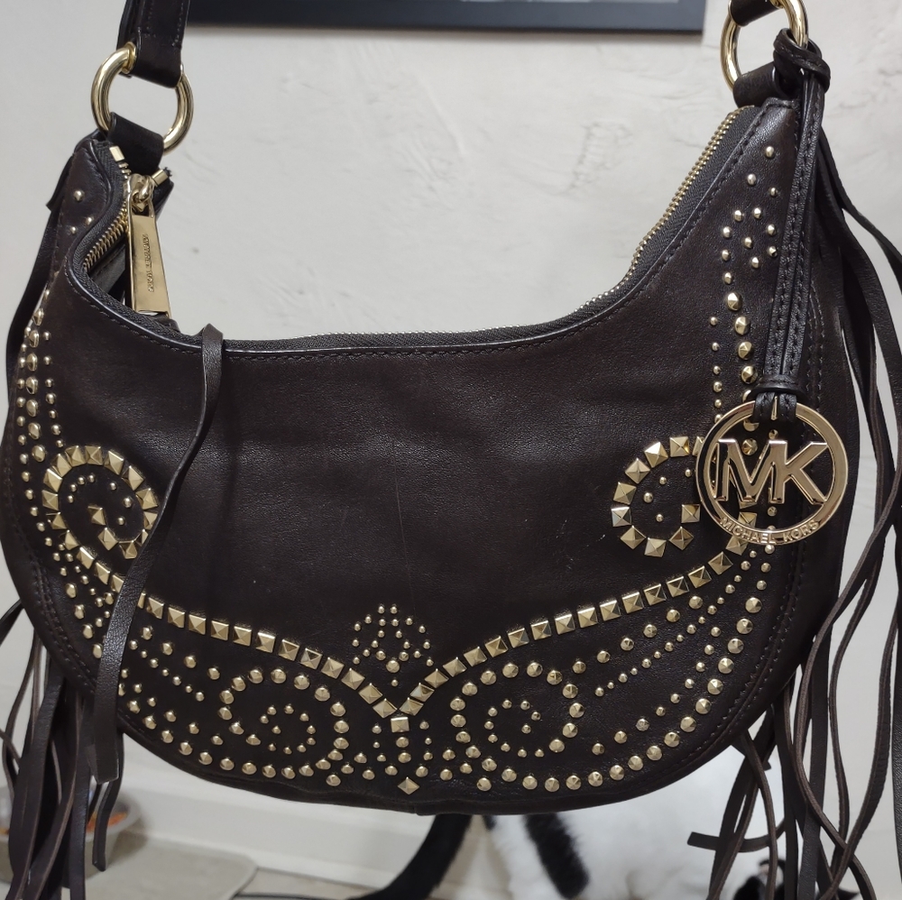 Michael Kors hobo crossbody bag dark brown fringe